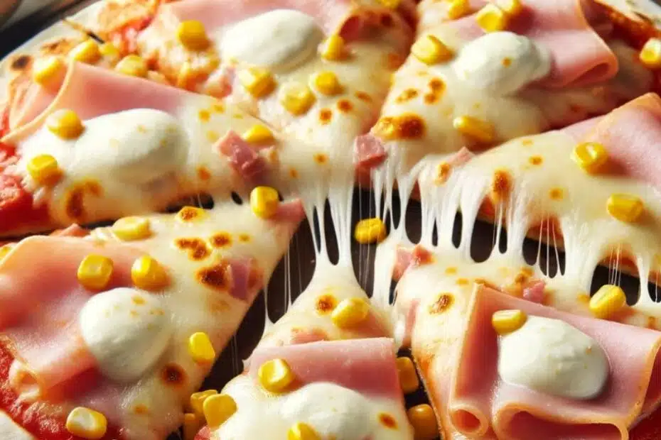 Quick and tasty tortilla pizza with ham, cheese and corn