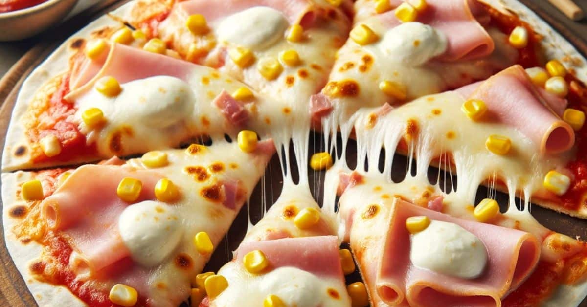 Quick and tasty tortilla pizza with ham, cheese and corn
