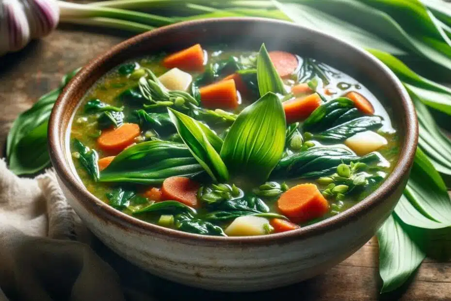 Spring vegetable soup with wild garlic