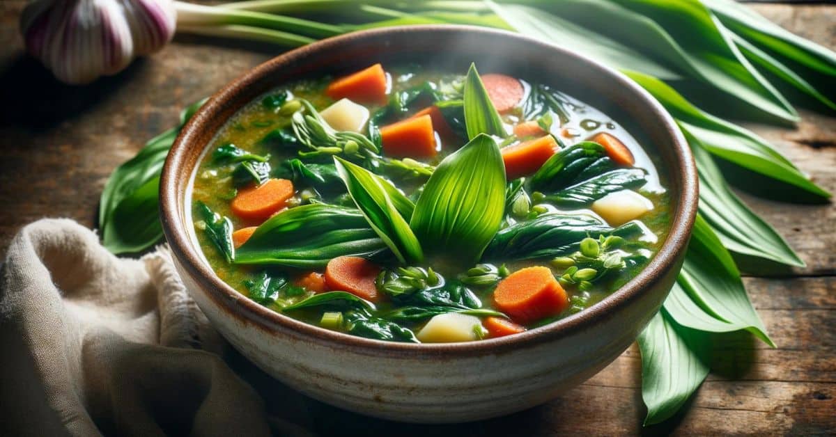 Spring vegetable soup with wild garlic