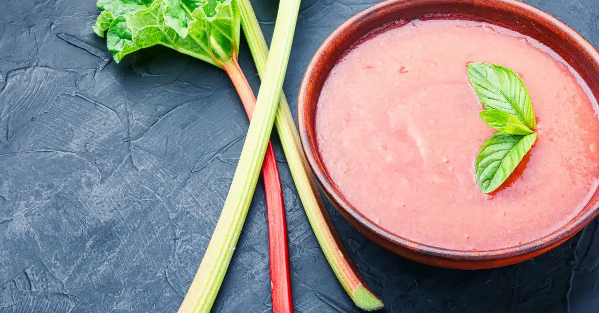 Rhubarb soup, creamy and lightly spiced, ideal for spring