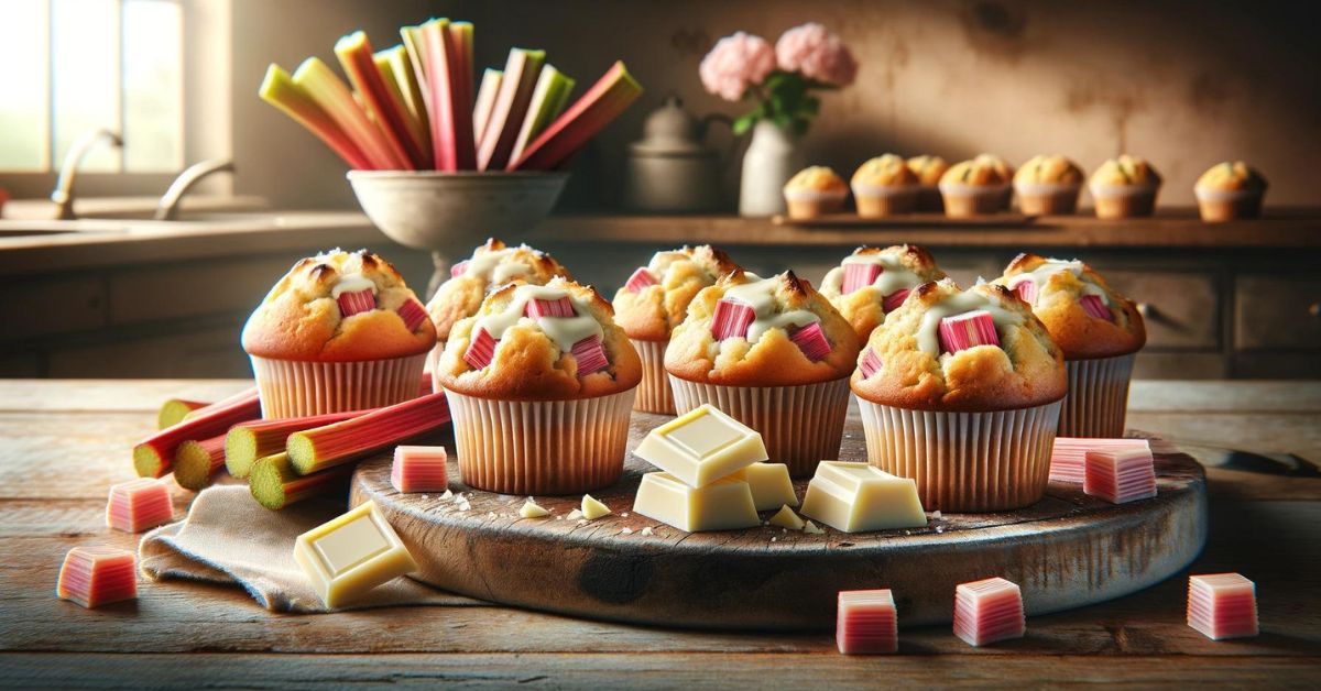 Rhubarb muffins with pieces of white chocolate, ideal for breakfast or as a snack